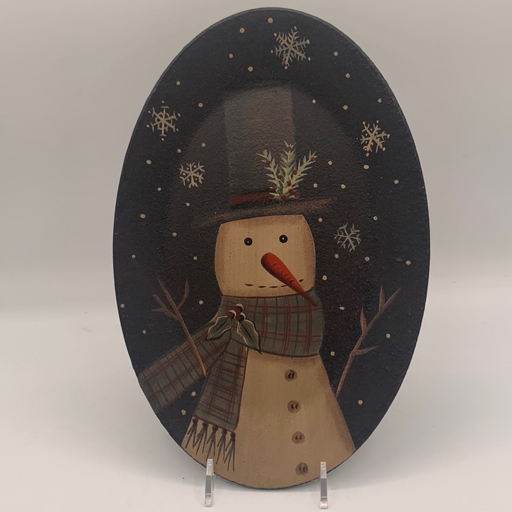 Hand painted Snowman Tray; signed Donna White